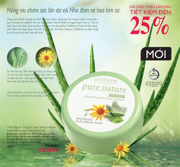 Bông cô-tông rửa mặt Oriflame Pure Nature Organic Aloe Vera & Arnica Extract Soothing Cleansing Pads (20162)